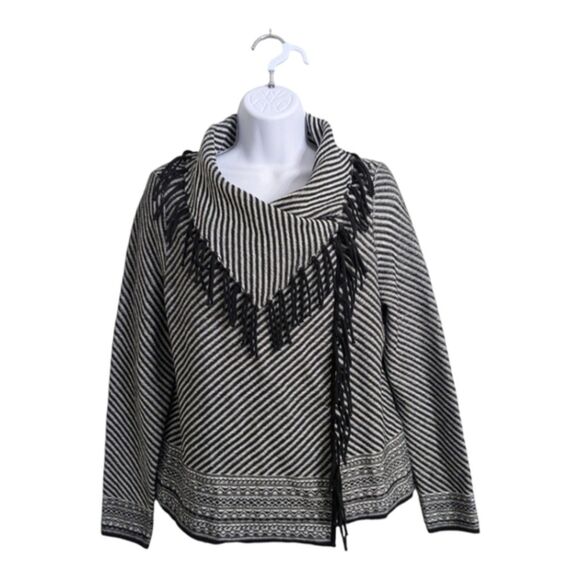 Chico's Woman Black White Striped Cardigan Wrap Sweater Fringe Shawl Neck M/8 - Picture 1 of 9